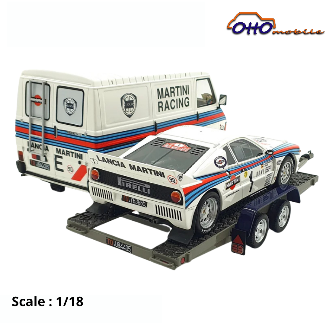LANCIA - RALLY SET - 037 TEAM MARTINI RACING Gr.B (night version) N 1 WINNER RALLY MONTECARLO WALTER ROHRL - CHRISTIAN GEISTDORFER + FIAT 242 VAN ASSISTANCE WITH TRAILER - 1983